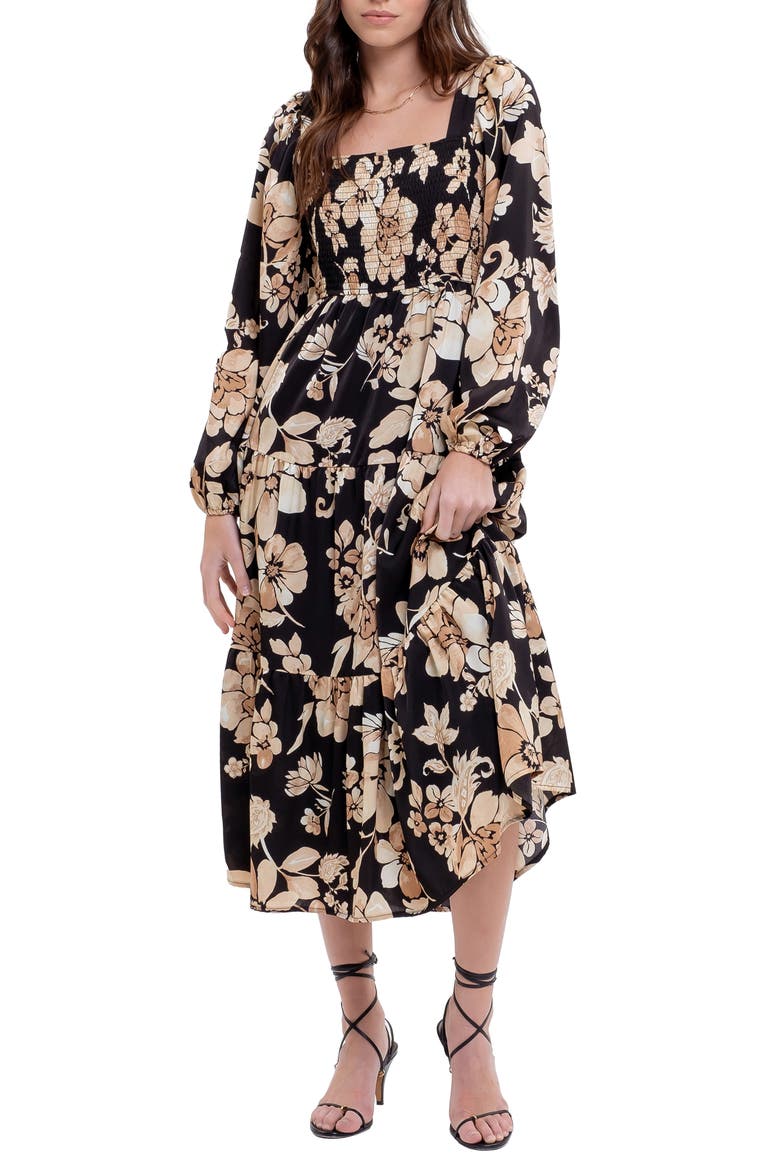 Floral Long Sleeve Midi Dress, Alternate, color, BLACK MULTI