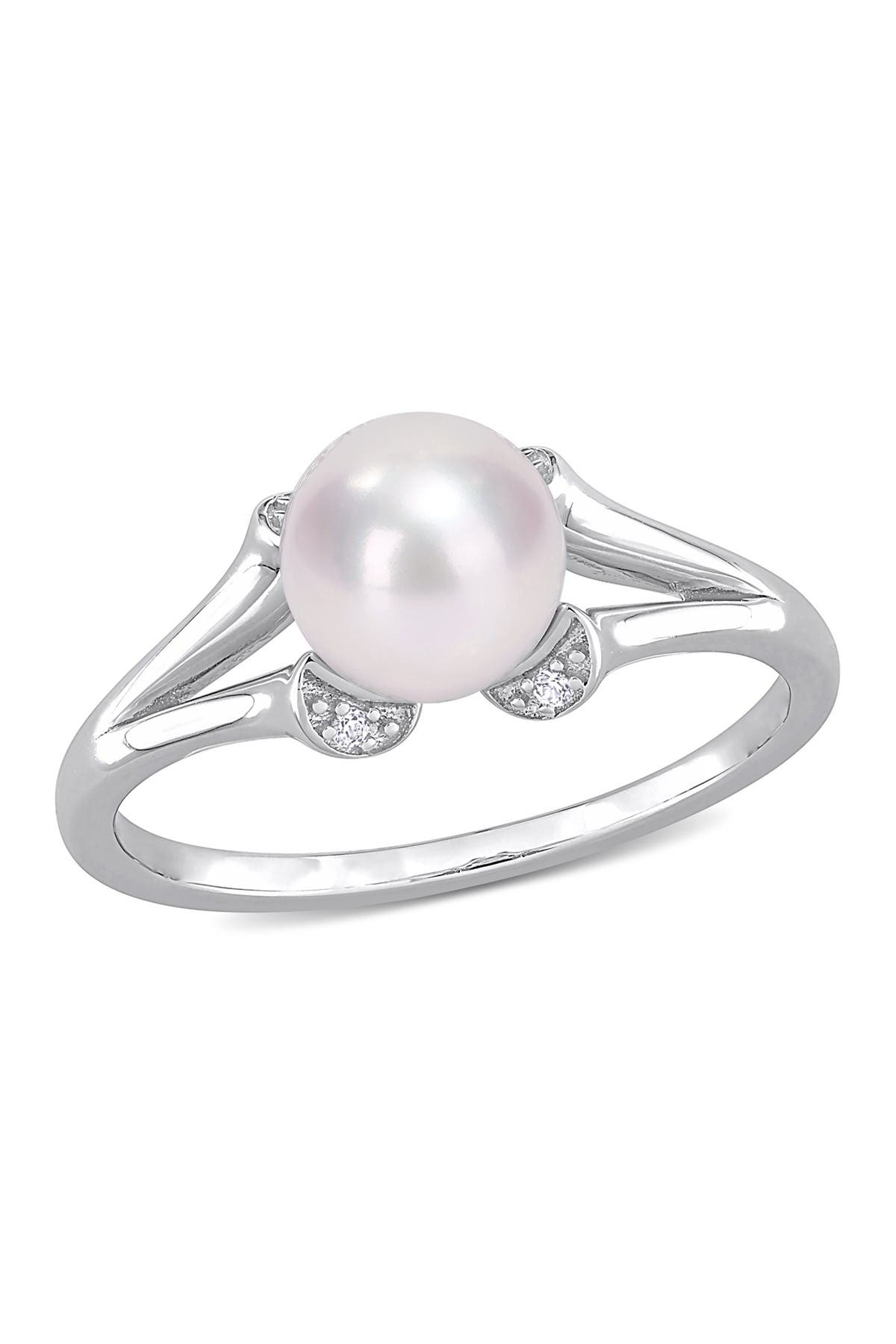 DELMAR Sterling Silver Created White Sapphire & 7 - 7.5mm White Freshwater Cultured Pearl Split-Shank Ring