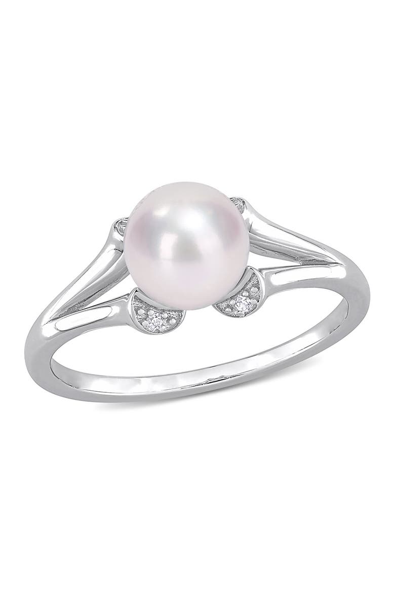 Sterling Silver Created White Sapphire & 7 - 7.5mm White Freshwater Cultured Pearl Split-Shank Ring, Main, color, WHITE