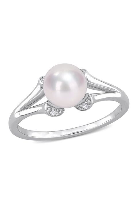 Sterling Silver Created White Sapphire & 7 - 7.5mm White Freshwater Cultured Pearl Split-Shank Ring