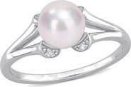 DELMAR Sterling Silver Created White Sapphire & 7 - 7.5mm White Freshwater Cultured Pearl Split-Shank Ring