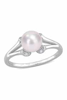 DELMAR Sterling Silver Created White Sapphire & 7 - 7.5mm White Freshwater Cultured Pearl Split-Shank Ring