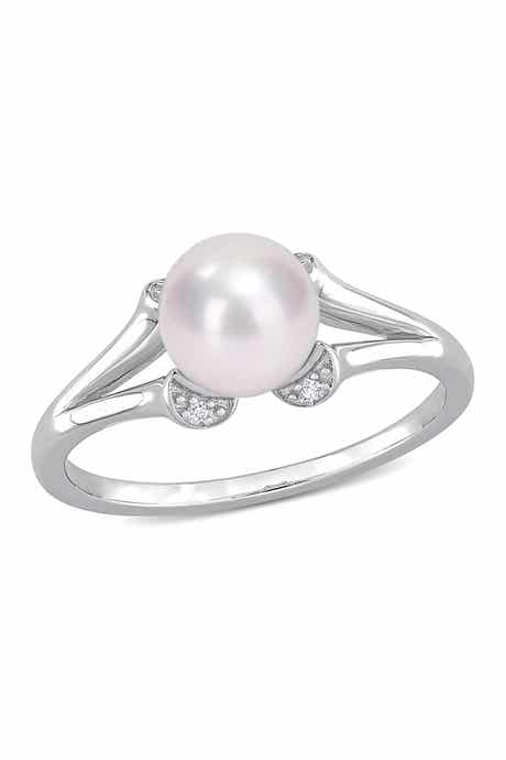 DELMAR Sterling Silver Created White Sapphire & 7 - 7.5mm White Freshwater Cultured Pearl Split-Shank Ring