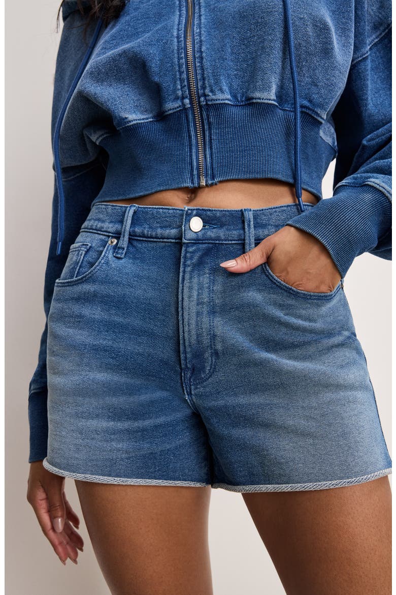 Jeanius Good '90s Raw Hem Terry Shorts, Alternate, color, INDIGO900