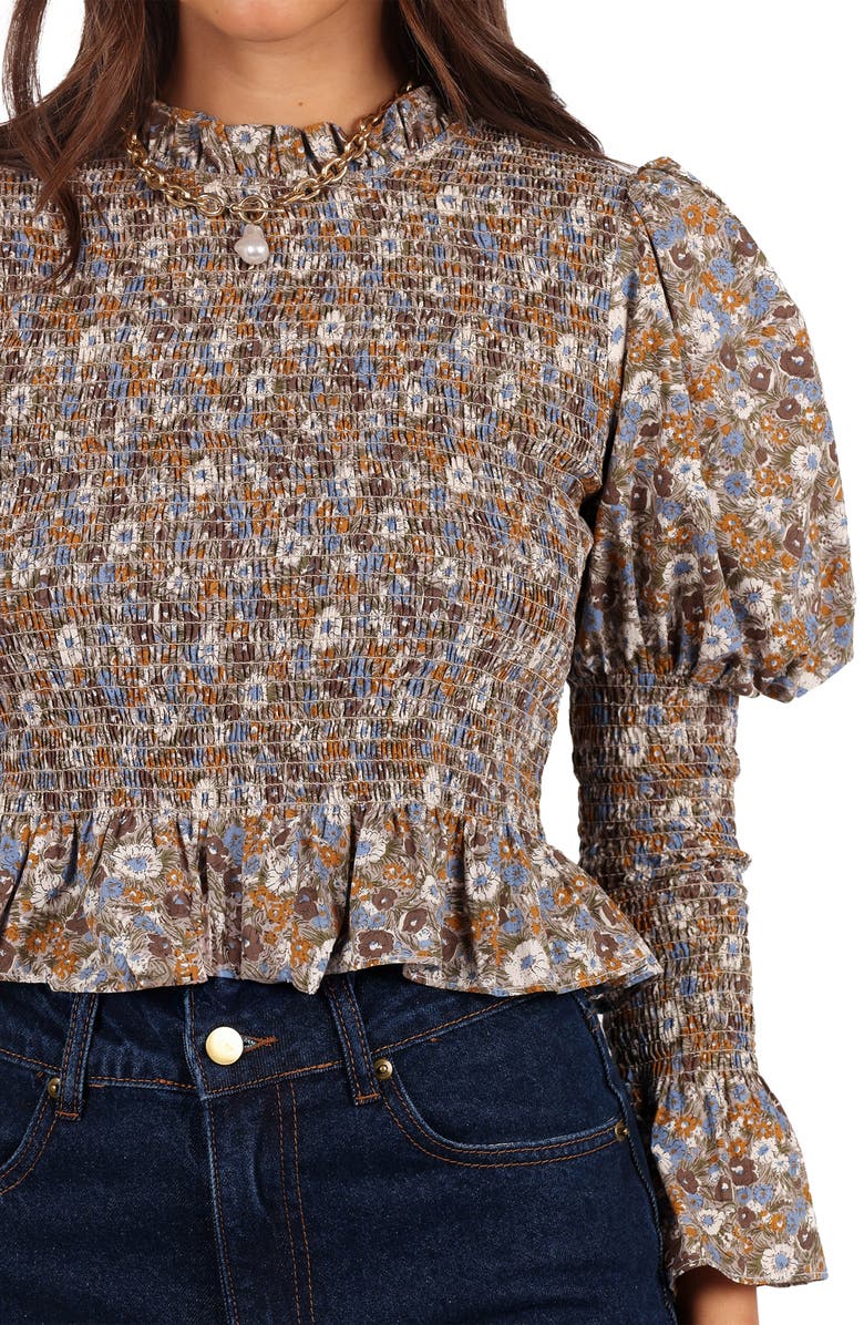 Petal & Pup Novah Smocked Puff Sleeve Crop Top, Alternate, color, Olive Floral