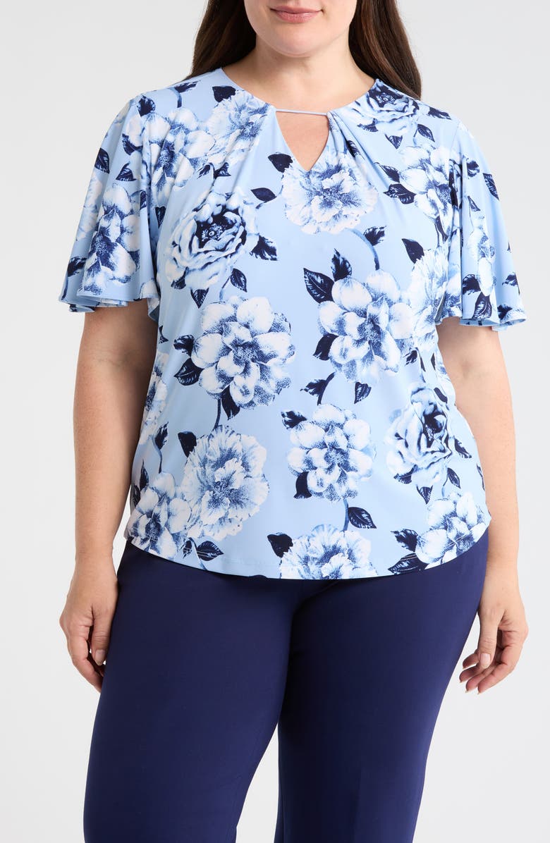 Anne Klein Pleated Flutter Sleeve Top, Main, color, Lakeshore Multi