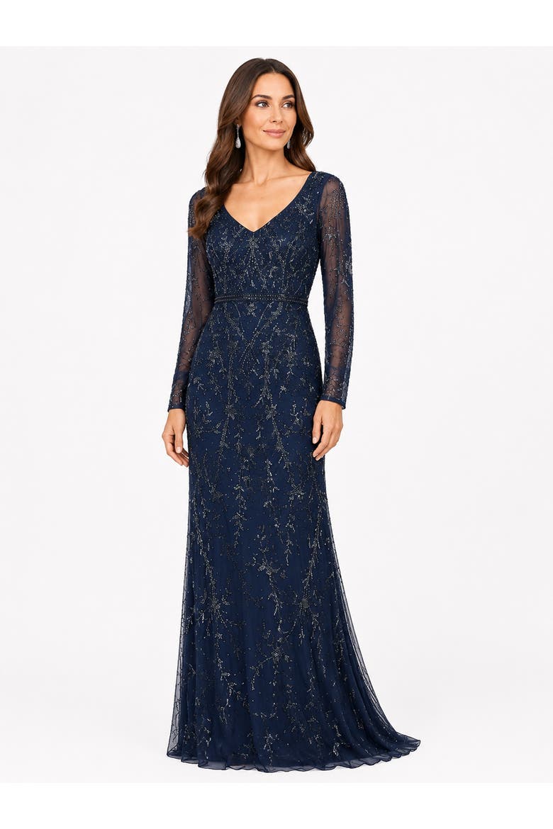 V-Neck Beaded Gown with Sleeves, Alternate, color, Navy