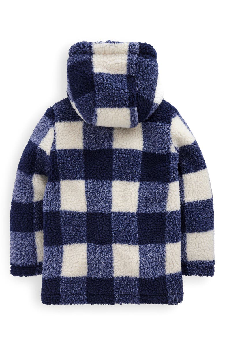 Boden Kids' Check Fleece Hooded Duffle Coat, Alternate, color, Navy Gingham