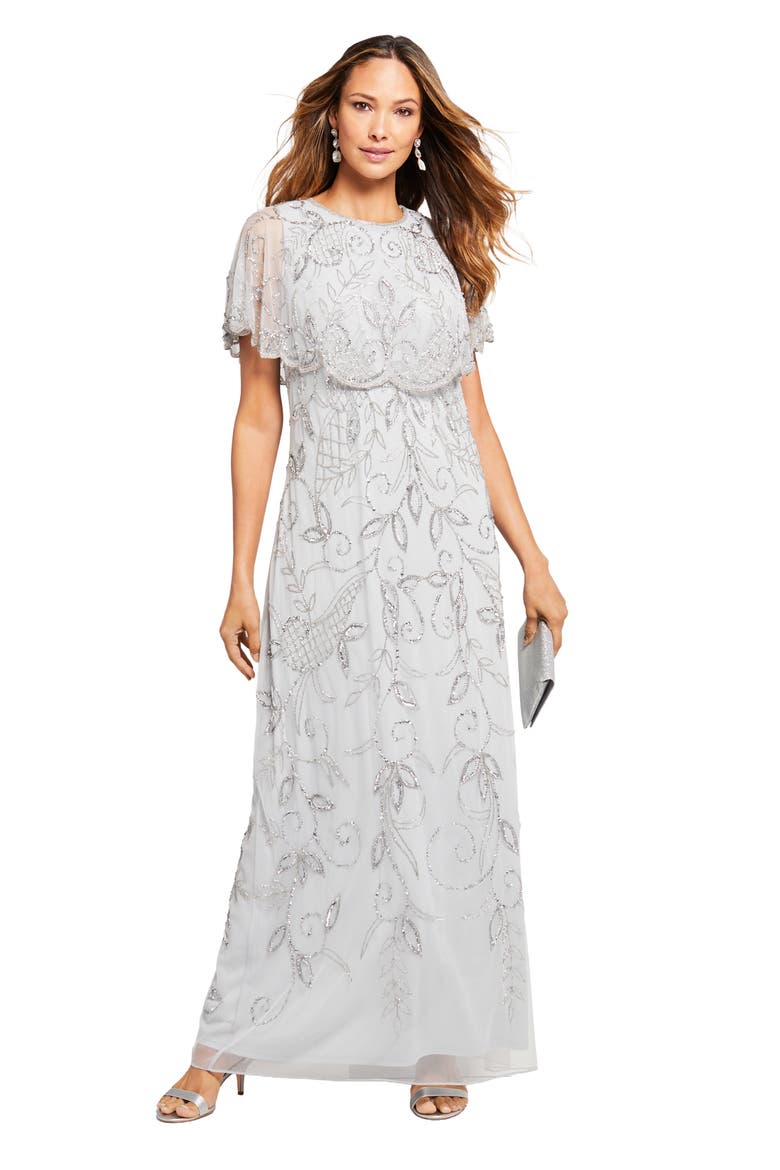 Extended Plus Size Beaded Capelet Maxi Gown Glam Evening Dress, Main, color, PEARL GREY