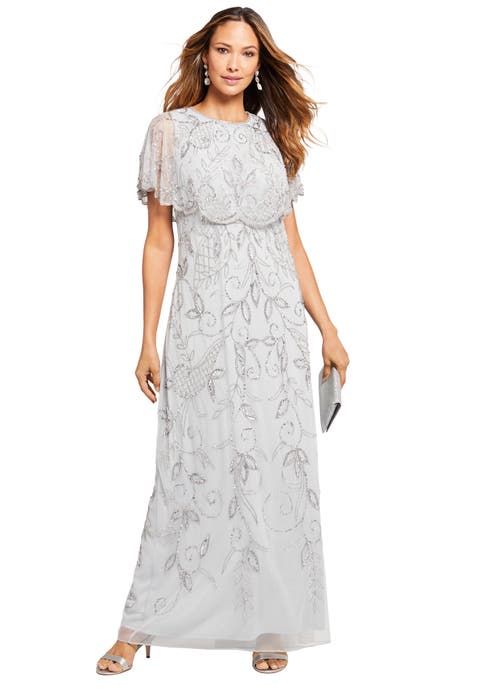 Extended Plus Size Beaded Capelet Maxi Gown Glam Evening Dress