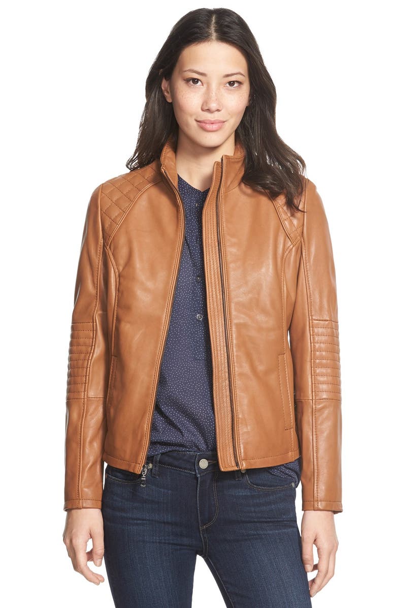 DKNY Quilt Detail Lambskin Leather Moto Jacket, Main, color, 
