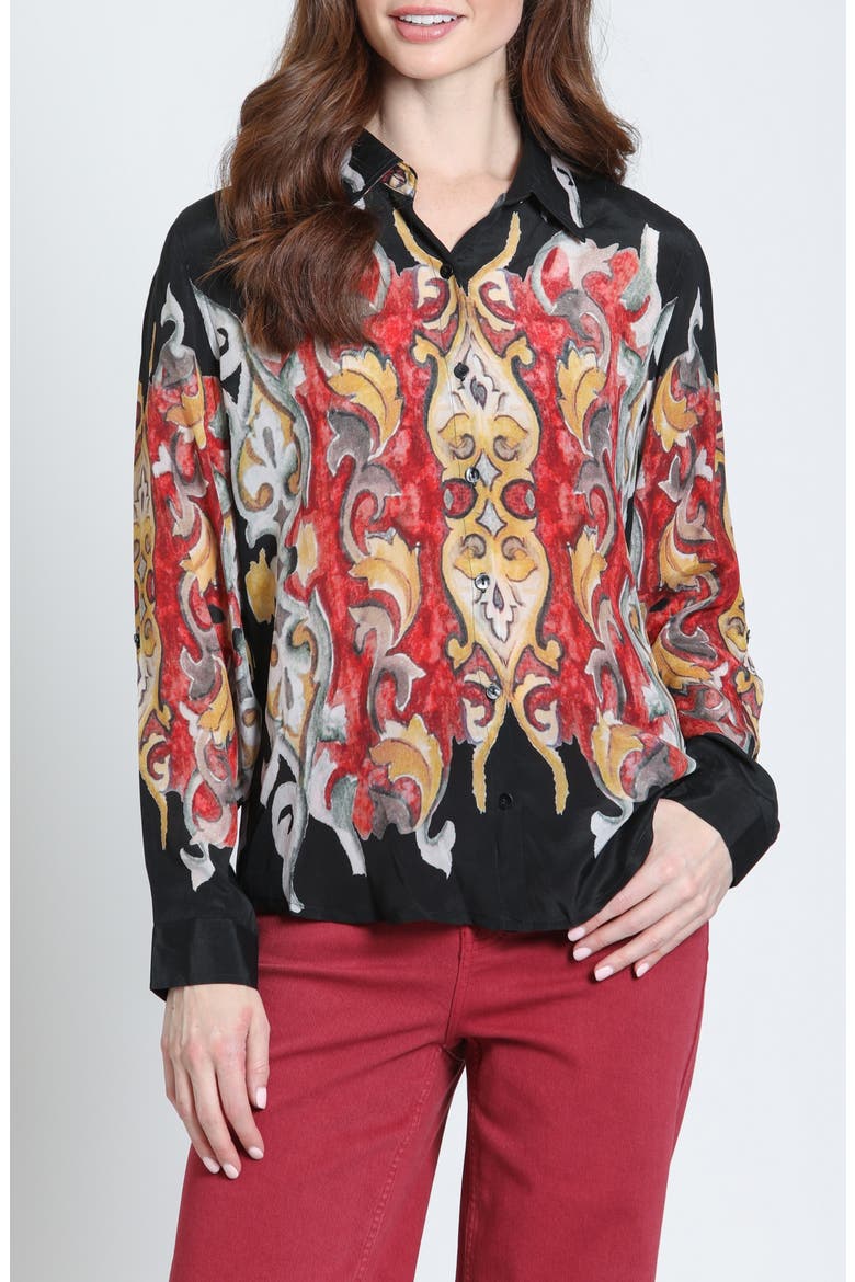 Print Roll-Up Sleeve Button-Up Shirt, Main, color, CRIMSON/GUILDED ONYX