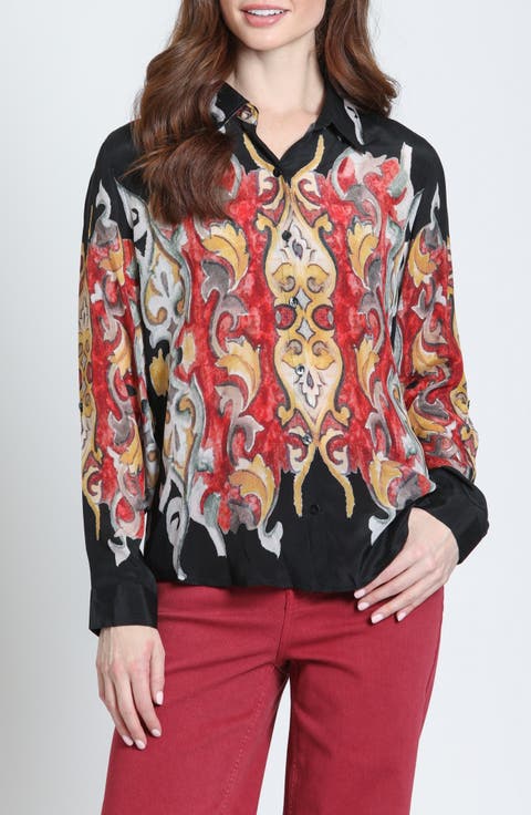 Print Roll-Up Sleeve Button-Up Shirt