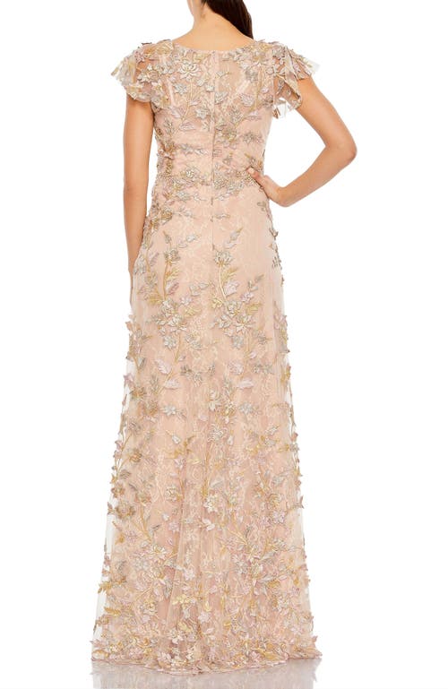 Mac Duggal Embroidered Applique Wrap Over Flutter Sleeve Gown In Rose Gold