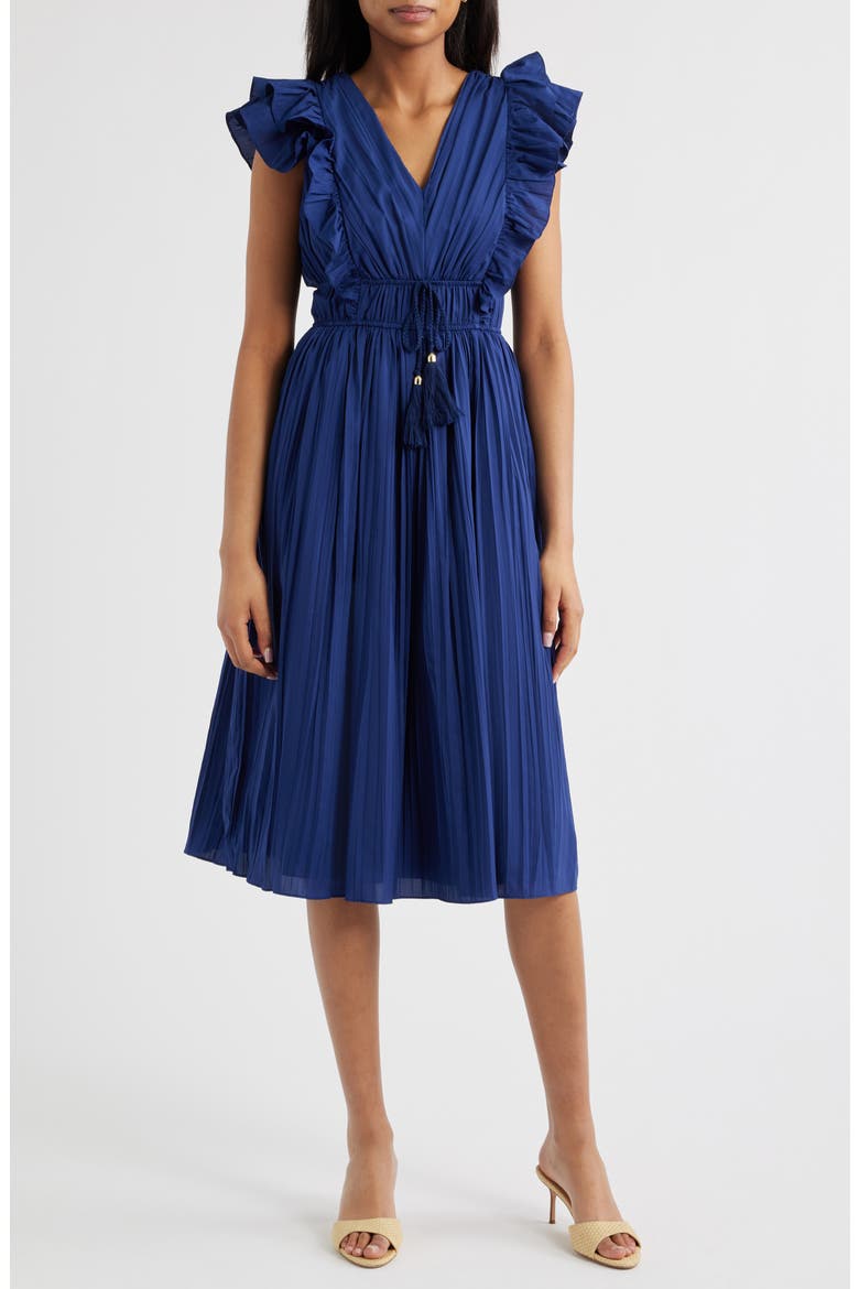 Ruffle Trim Pleat Dress, Main, color, NAVY