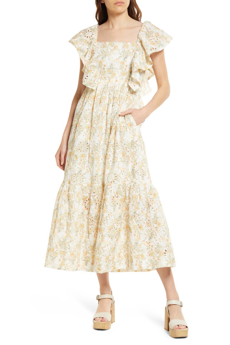 Opposites Floral Eyelet Dress, Main, color, YELLOW