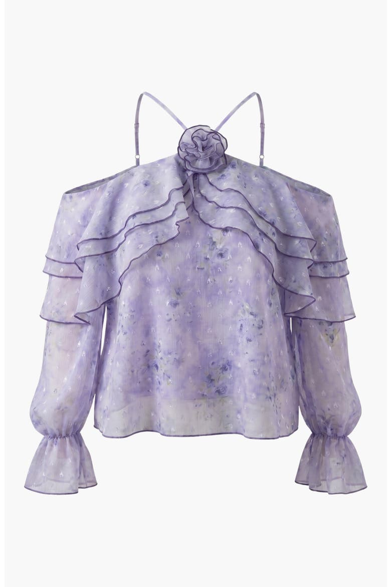 Sheer Floral Ruffle Top with Rosette Neck, Alternate, color, Lavender Floral