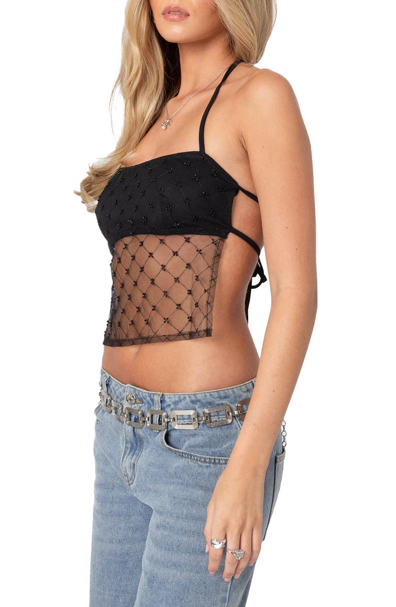 EDIKTED Beaded Open Back Sheer Mesh Halter Top, Alternate, color, Black