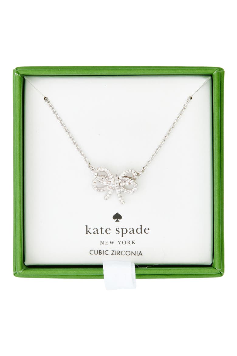 bow meets girl pavé cubic zirconia pendant necklace, Main, color, CLEAR/ SILVER