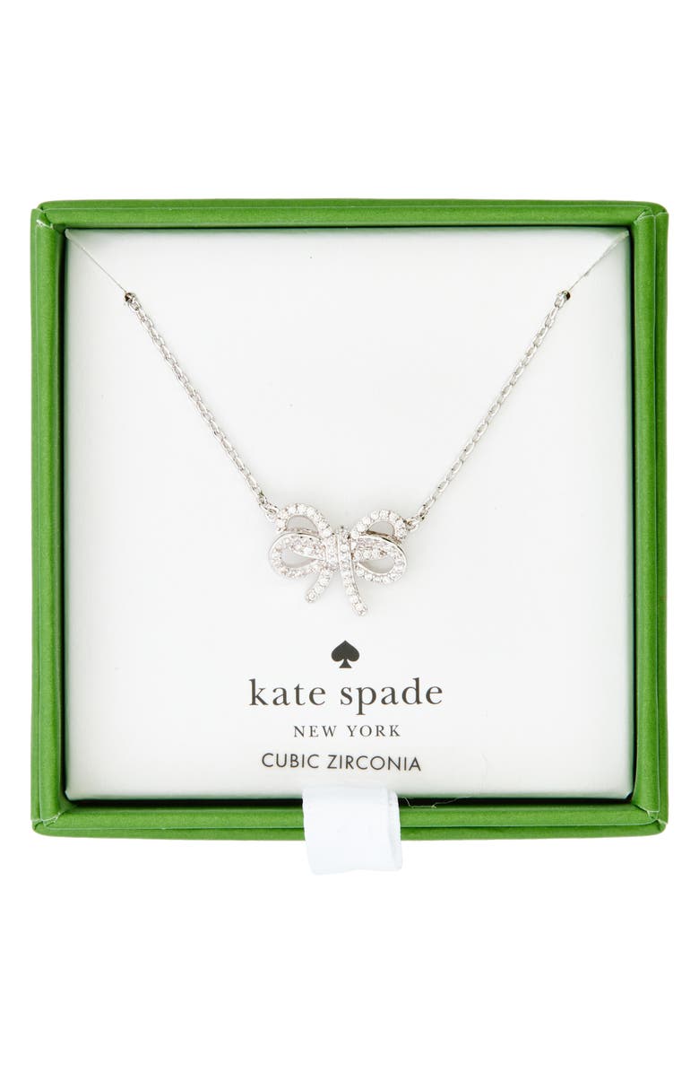 Kate Spade New York bow meets girl pavé cubic zirconia pendant necklace, Main, color, Clear/ Silver