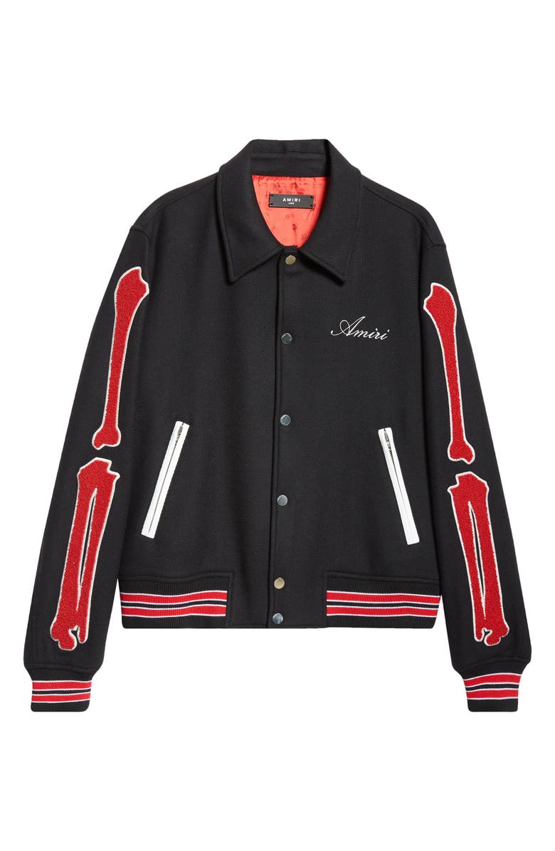 AMIRI Bones Wool Blend Varsity Jacket, Main, color, Black Red