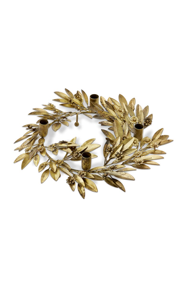 tag Botanical Wreath Taper Candle Holder Antique Gold Iron, Main, color, Gold