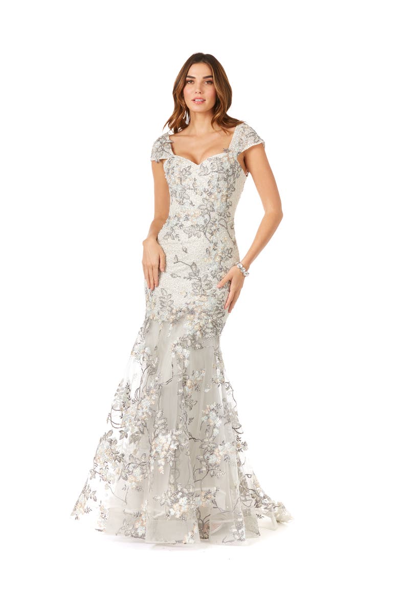 Cap Sleeve Mermaid Gown, Main, color, Grey