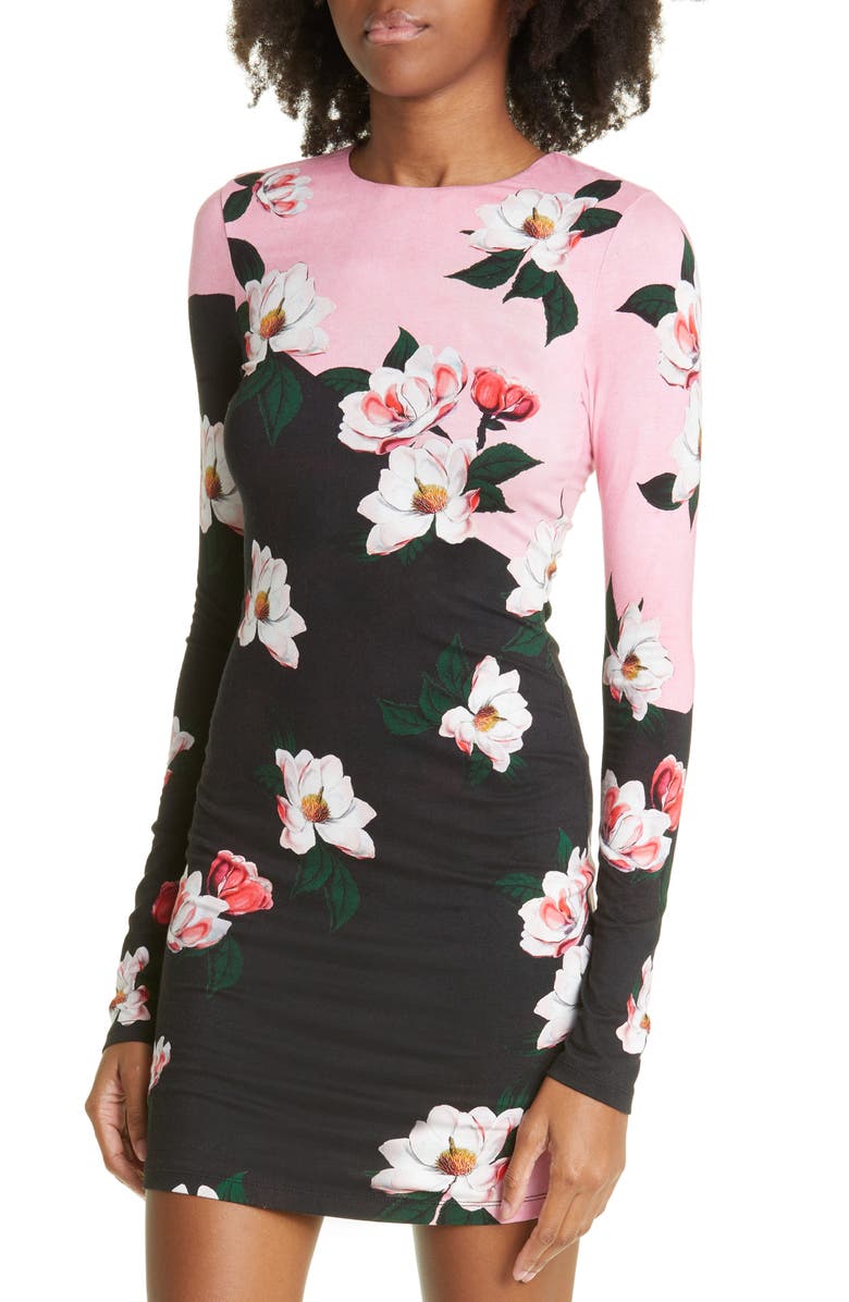 Alice + Olivia Delora Floral Long Sleeve Knit Minidress, Alternate, color, 