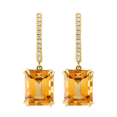 14K Yellow Gold Emerald Cut Citrine Drop Diamond Earrings