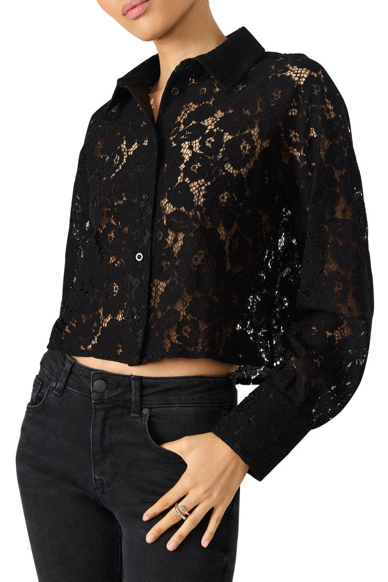 Jaiya Floral Guipure Lace Crop Button-Up Shirt, Alternate, color, BLACK