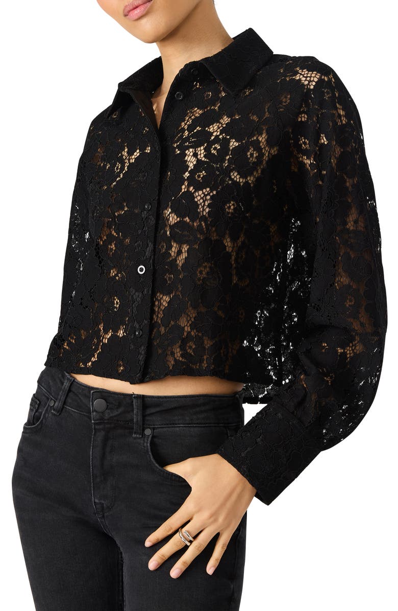 Steve Madden Jaiya Floral Guipure Lace Crop Button-Up Shirt, Alternate, color, Black