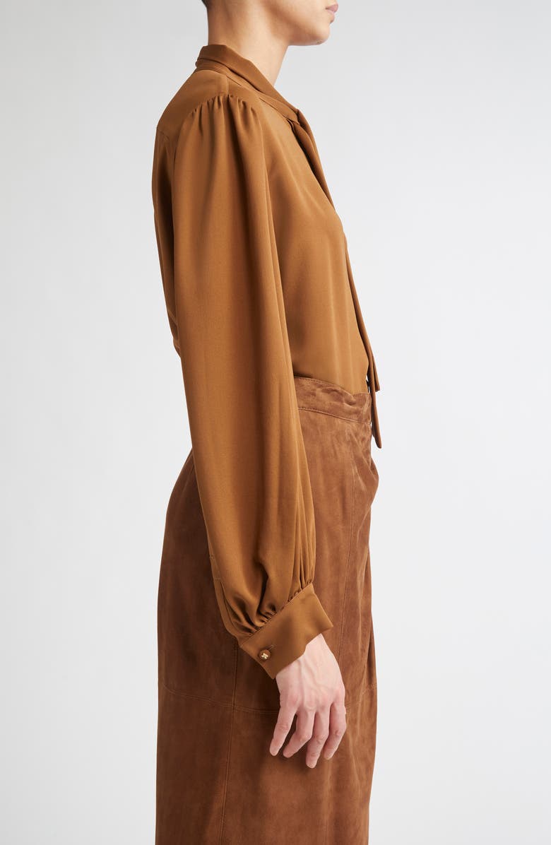 Max Mara Melania Tie Neck Silk Crêpe de Chine Top, Alternate, color, Tobacco