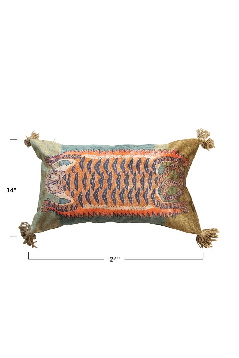 Cotton Velvet Blend Tiger Lumbar Pillow with Tassels, Multicolor, Alternate, color, White