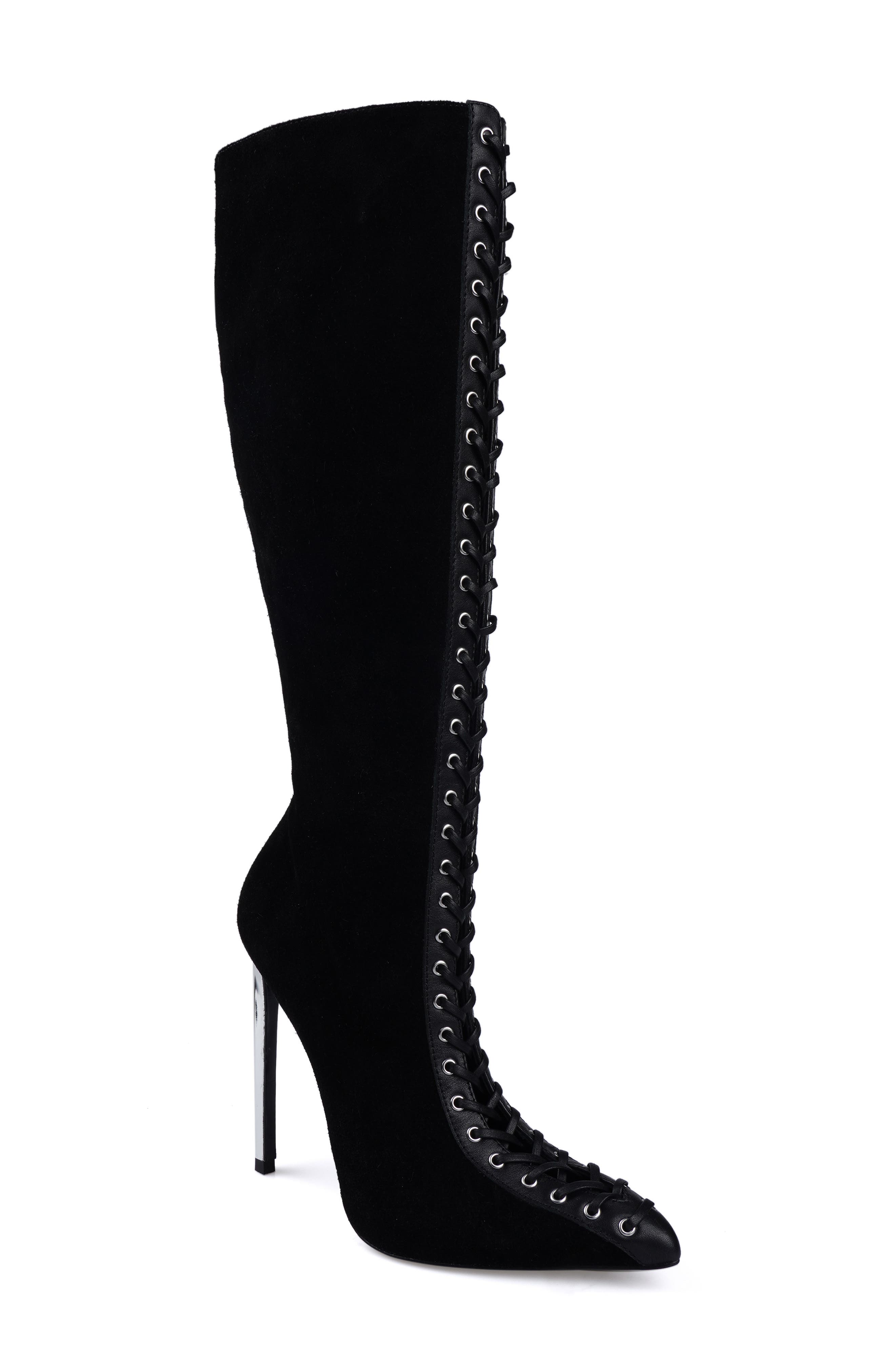 ZIGI Rudy Pointed Toe Lace Up Knee High Boot, Main, color, Black