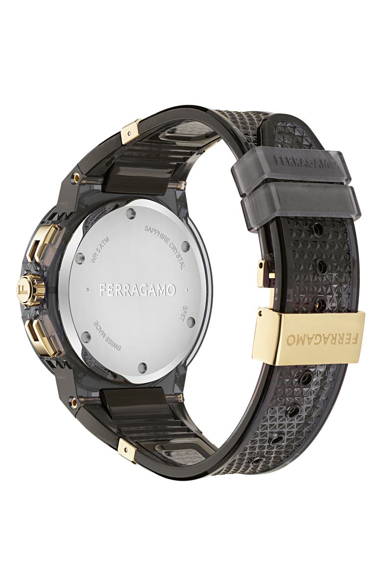 FERRAGAMO F-80 Translucent Chronograph Recycled Polyurthane Strap Watch, 44mm, Alternate, color, Black