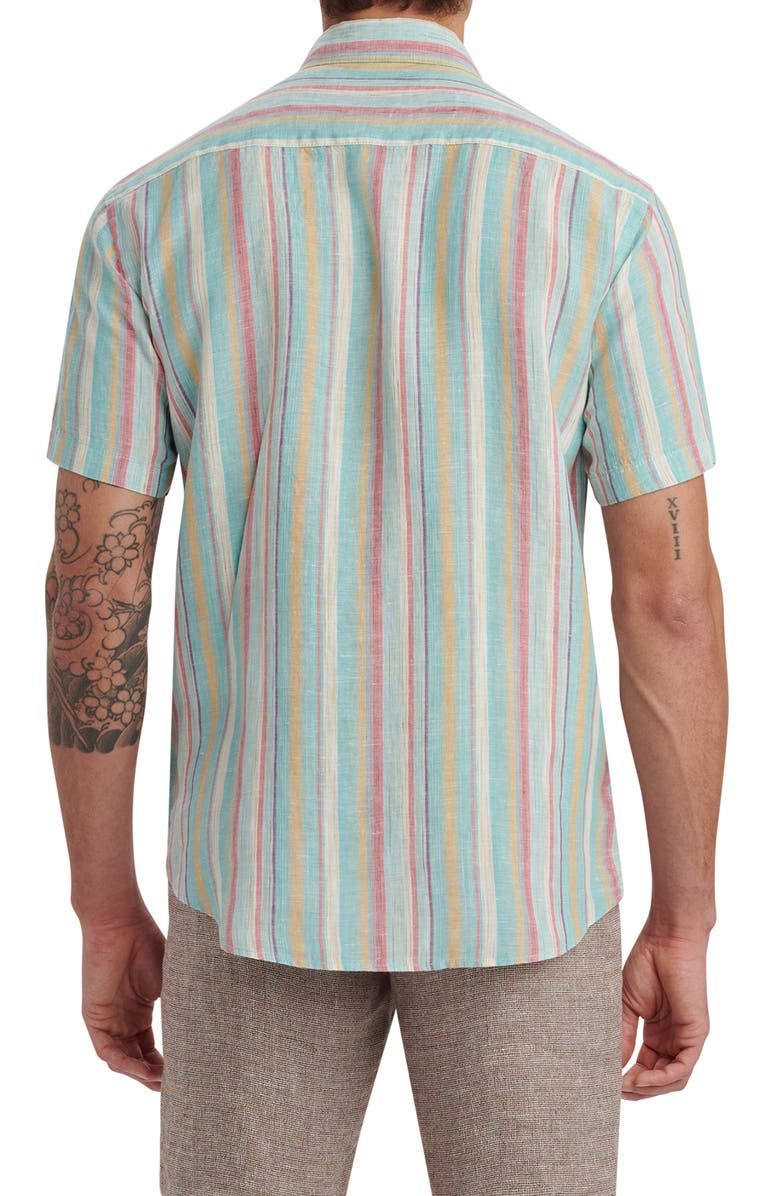 Bugatchi Orson Shaped Fit Stripe Short Sleeve Linen Button-Up Shirt, Alternate, color, Seafoam