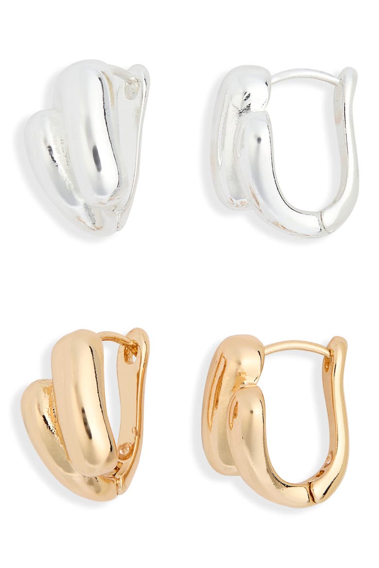 2-Pack Assorted Puffy Bar Huggie Earrings, Main, color, GOLD- SILVER