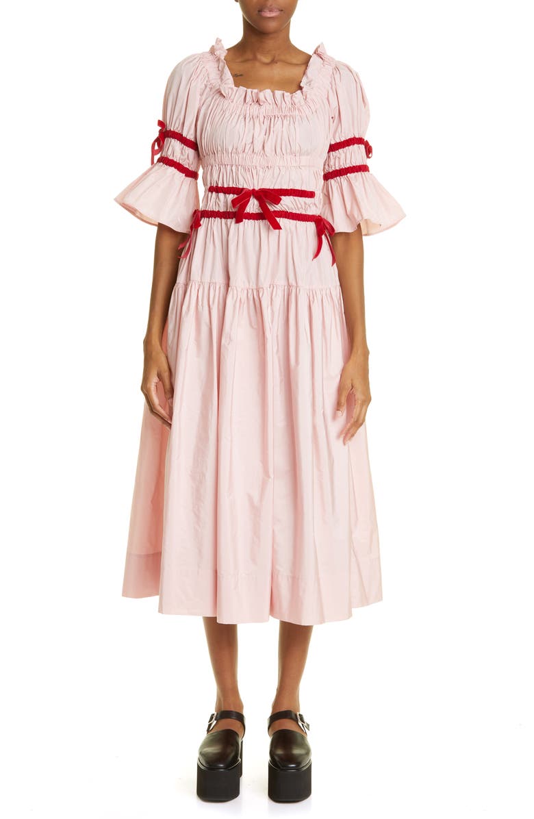 Molly Goddard Mikha Velvet Bow Gathered Ruffle Taffeta Midi Dress, Main, color,