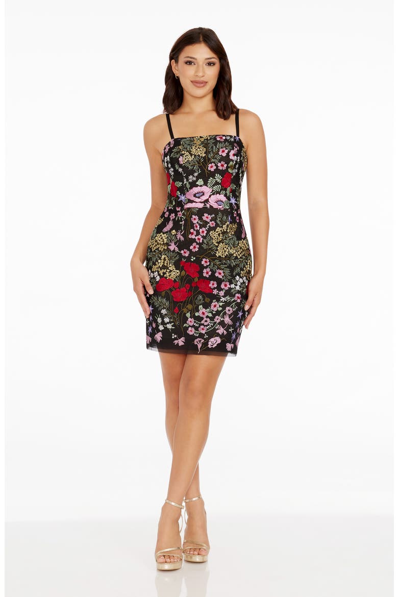 Kyla Floral Embroidered Cocktail Minidress, Alternate, color, BLACK/ ROUGE MULTI