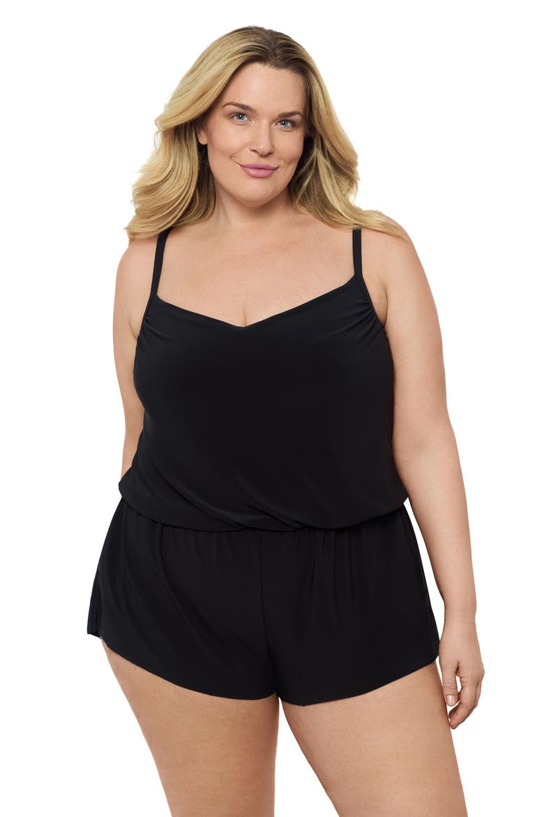 Plus Size V-Neck Blouson Slimming Swimsuit Romper with Pockets, Alternate, color, Black