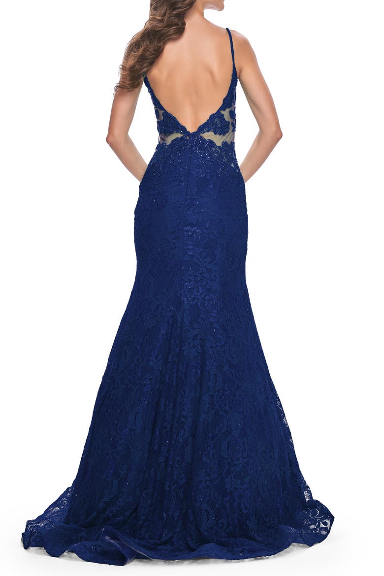 Long Mermaid Lace Dress with Back Rhinestone Detail, Alternate, color, Navy