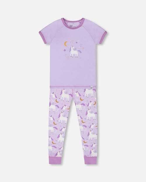 DEUX PAR DEUX DEUX PAR DEUX LITTLE GIRL'S ORGANIC COTTON SHORT SLEEVE TOP AND PANT PAJAMA SET WHITE UNICORN ON MAU 