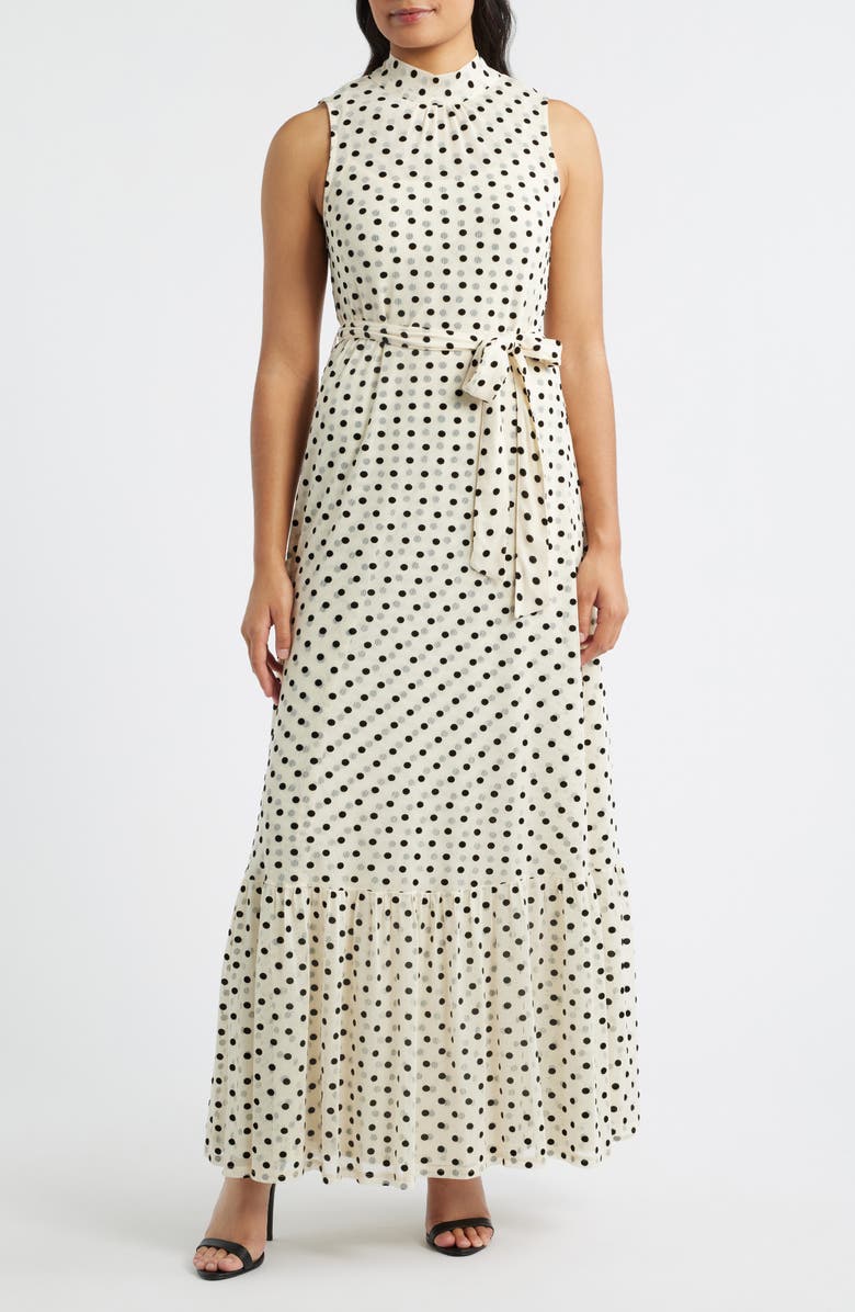 Julia Jordan Polka Dot Sleeveless Gown, Main, color, Ivory/ Black
