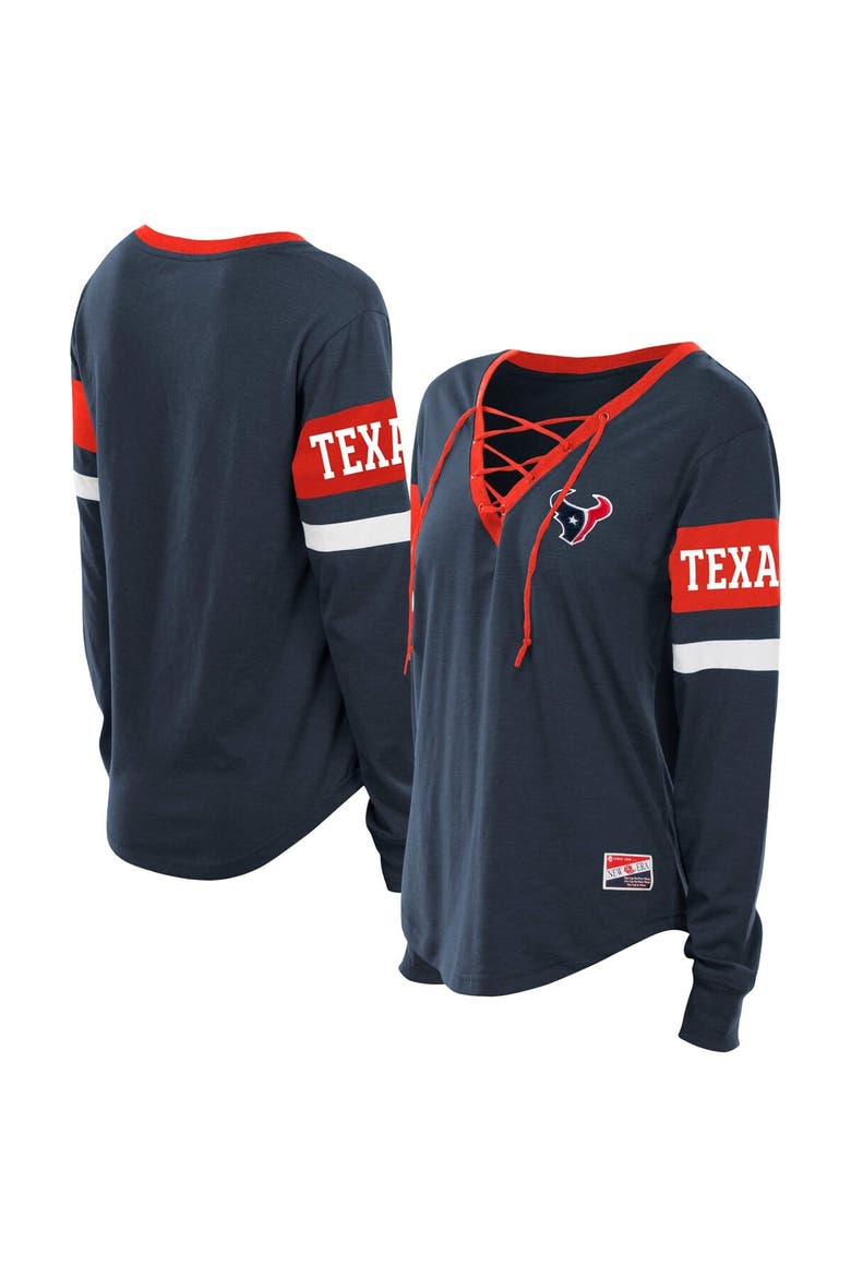 Women's New Era Navy Houston Texans Plus Size Throwback Lace-Up Long Sleeve T-Shirt, Main, color, Navy