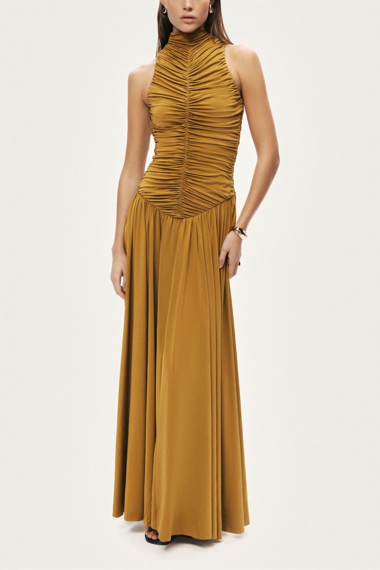 Ruched High-Neck Maxi Dress, Main, color, Camel