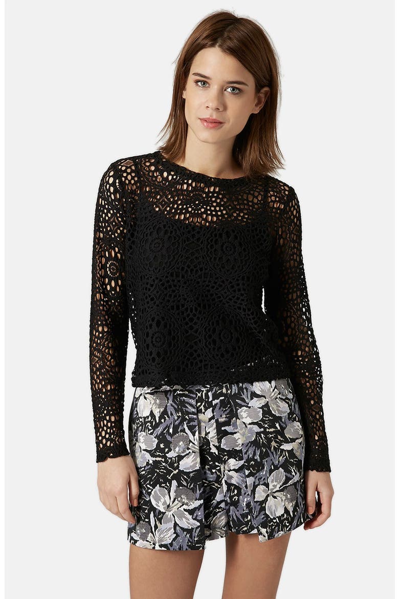 Long Sleeve Crochet Top, Main, color, BLACK