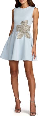 Mac Duggal Crepe Sleeveless Mini Dress With Rhinestone Flower