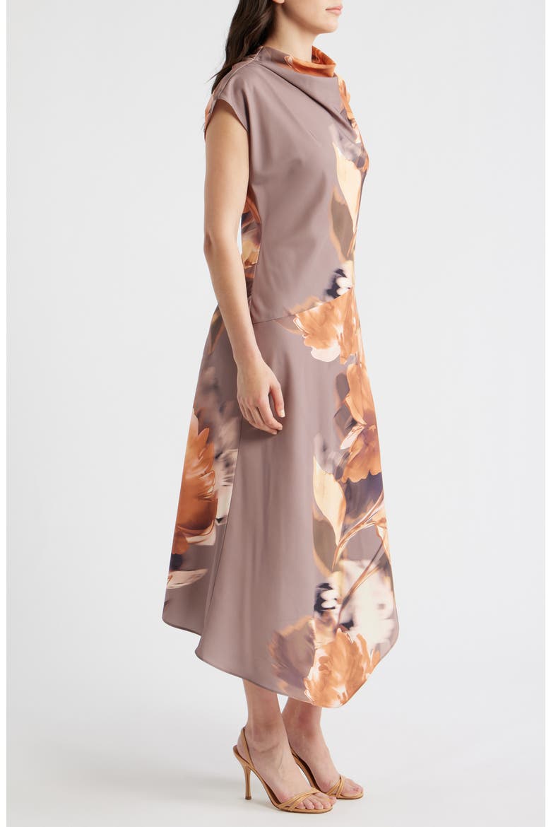 Print Asymmetric Cap Sleeve Cowl Neck Dress, Alternate, color, TAUPE