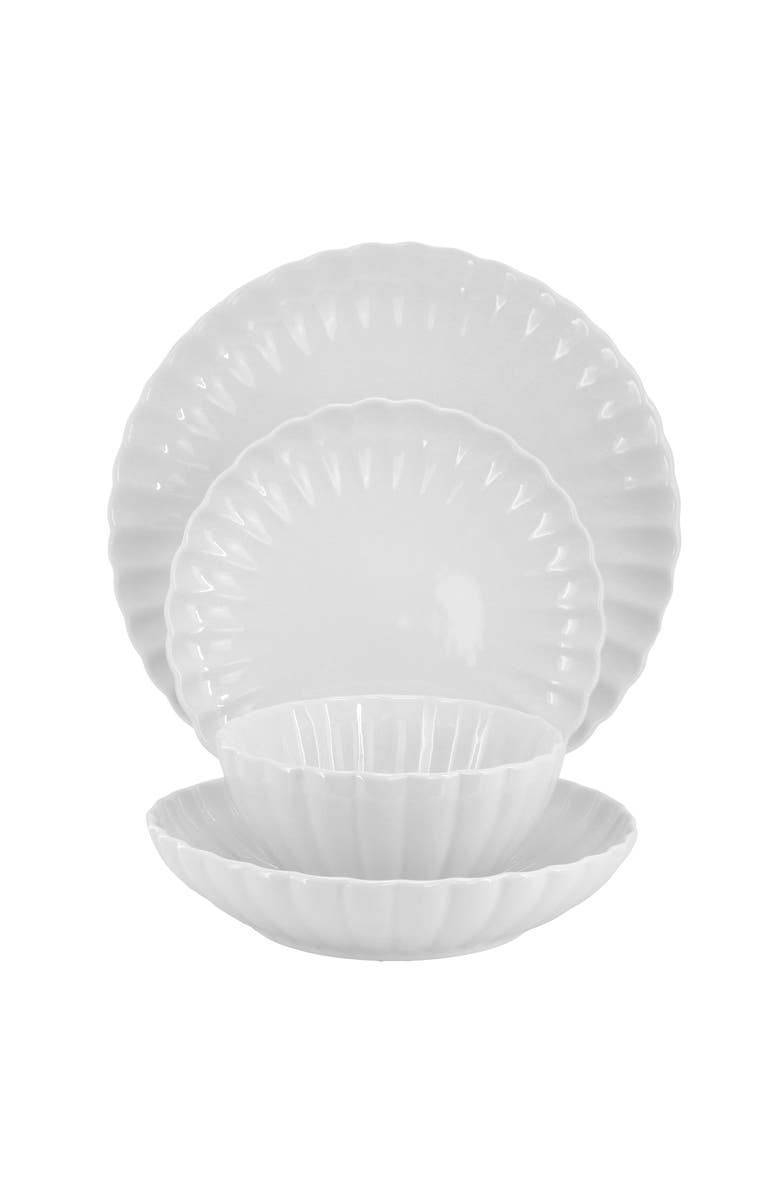 Elama Jane 16 Piece Scalloped Double Bowl Porcelain Dinnerware Set, Alternate, color, White