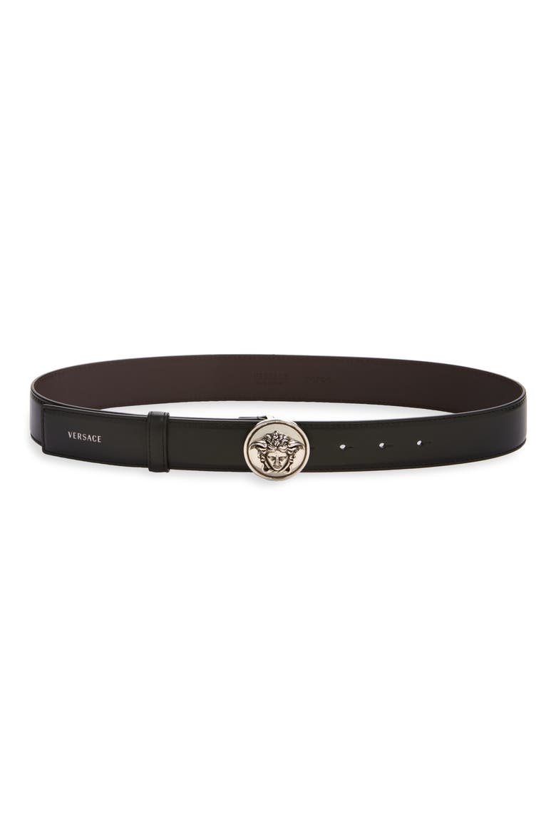 Medusa Medallion Buckle Leather Belt, Main, color, BLACK-PALLADIUM